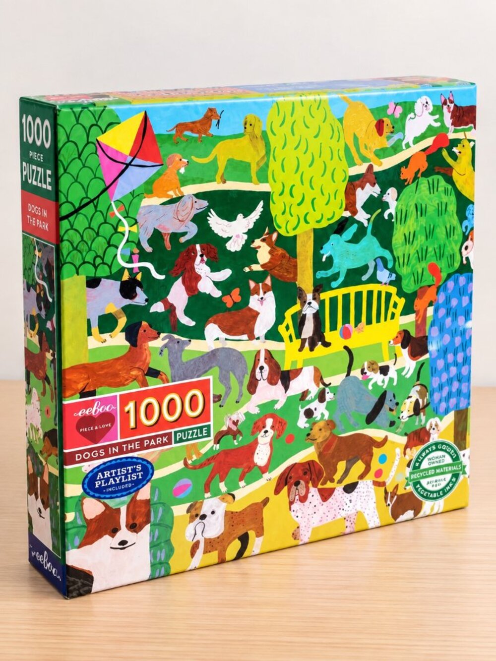 JIGSAW PUZZLE EeBoo Dogs in the Park with Artist's Playlist Many Breeds Pups NEW